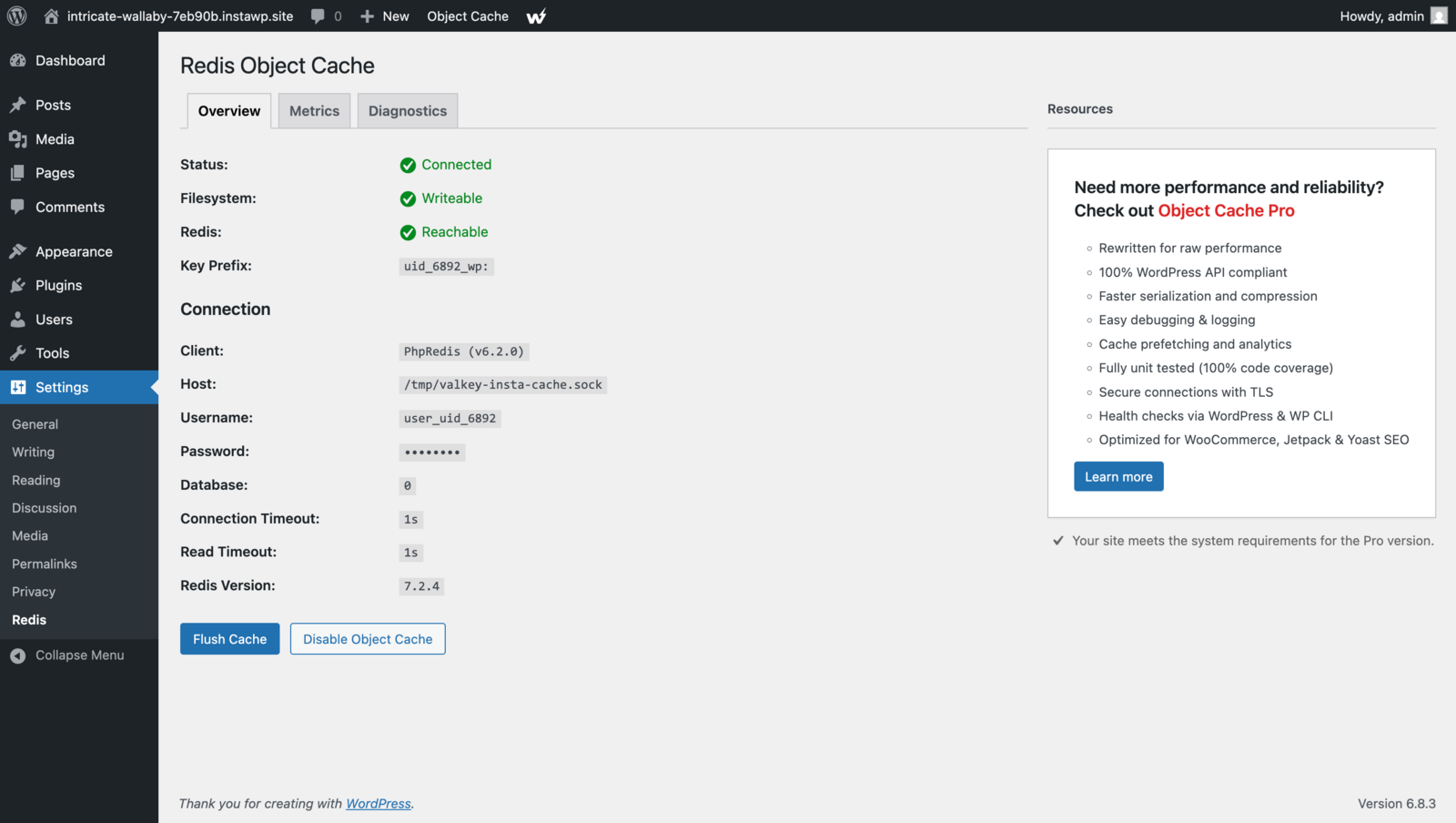 The Redis Object Cache settings page in wp-admin showing Status Connected and Redis Reachable after InstaWP enables object cache