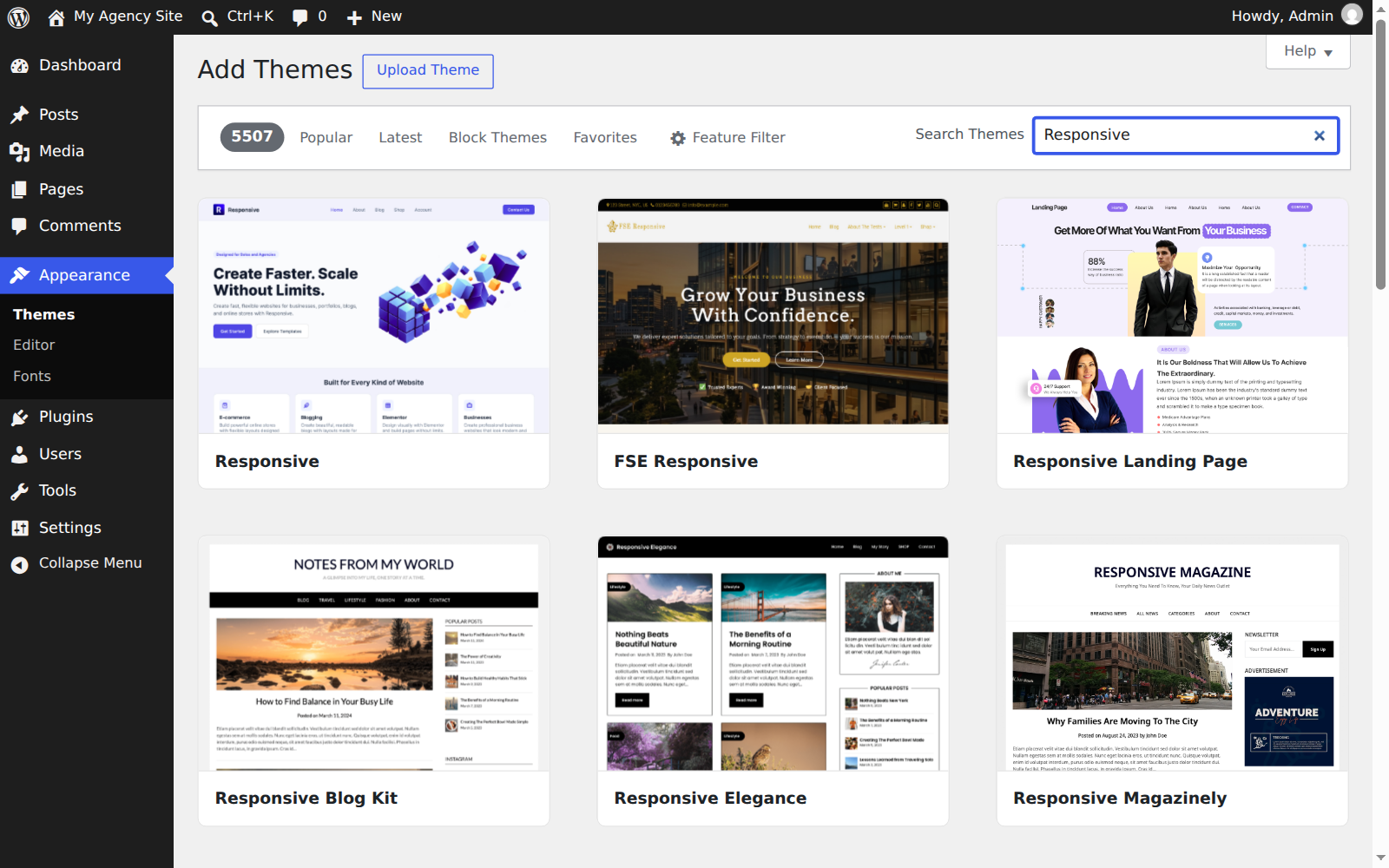 Add Themes screen with Responsive typed into the theme search box