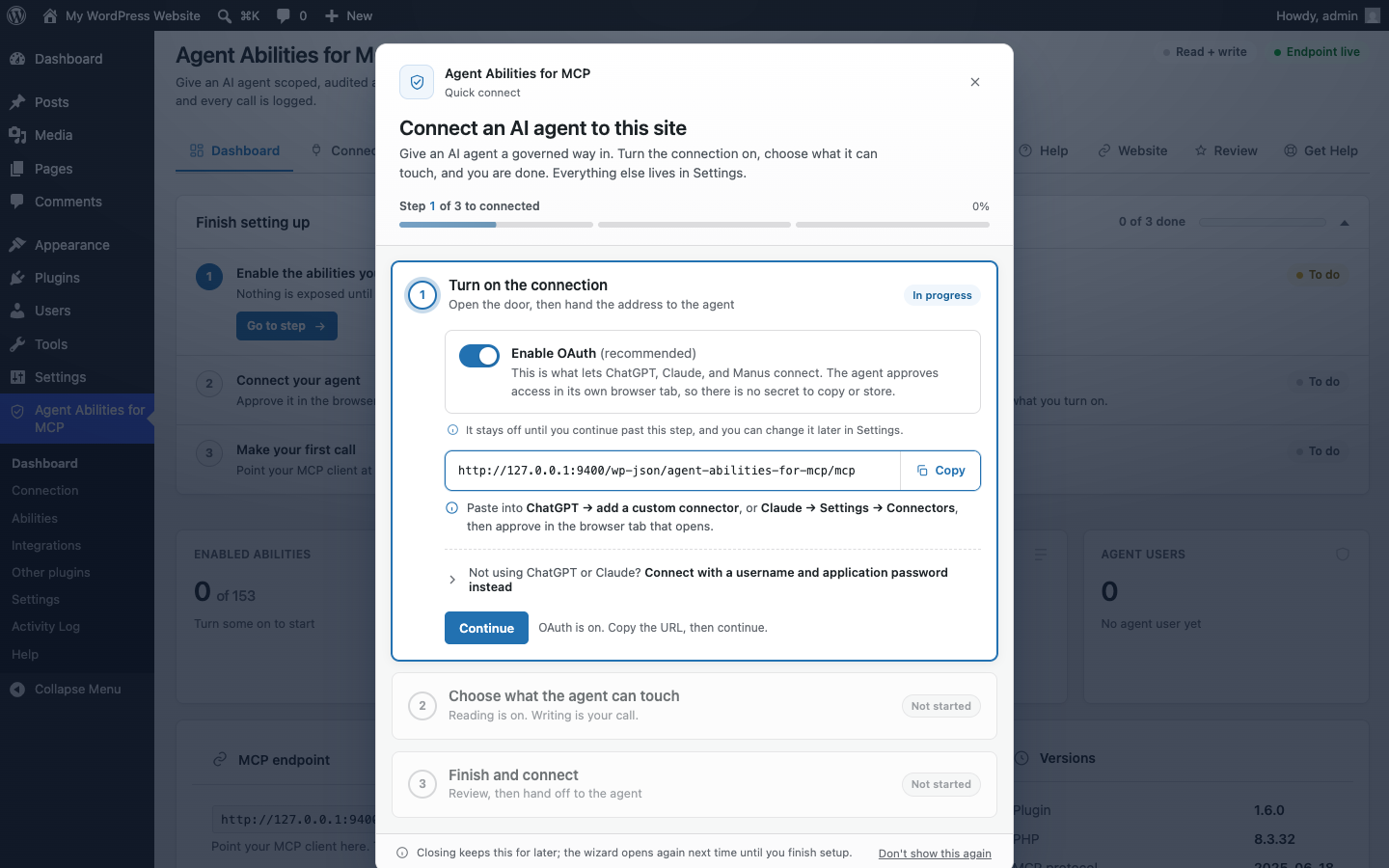 Agent Abilities for MCP first-run setup: turn the connection on, choose what the agent can touch, then copy the endpoint