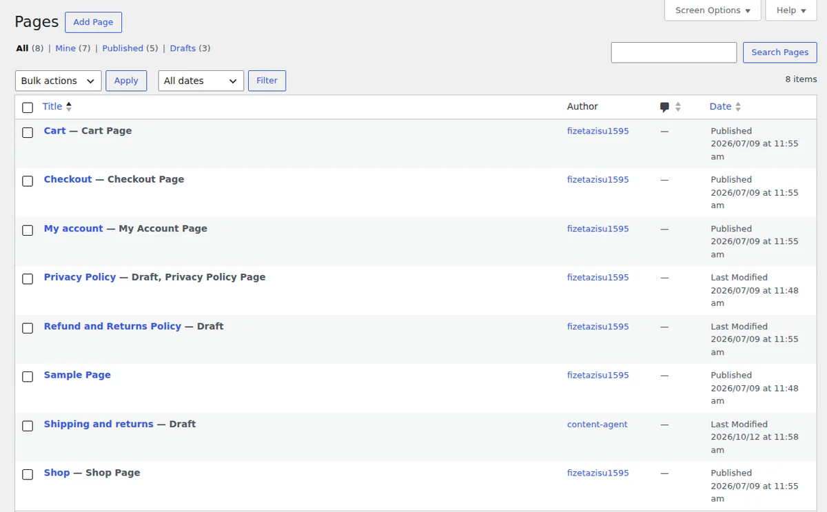 The WordPress Pages screen on a staging store, with a draft page called Shipping and returns authored by content-agent, last modified 12 October 2026, among the store's existing pages.