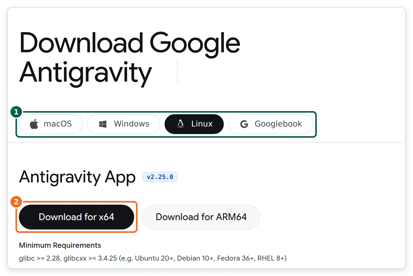 The Google Antigravity download page with tabs for macOS, Windows, Linux and Googlebook, the Antigravity App listed at version 2.25.0, and buttons to download it for x64 or ARM64.