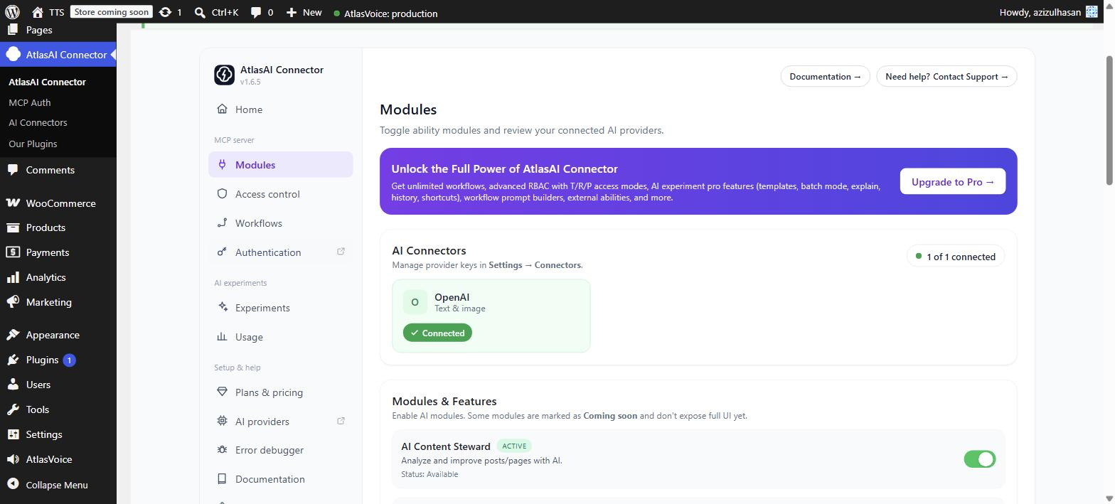 AtlasMCP WordPress MCP plugin dashboard with module toggles and AI provider status
