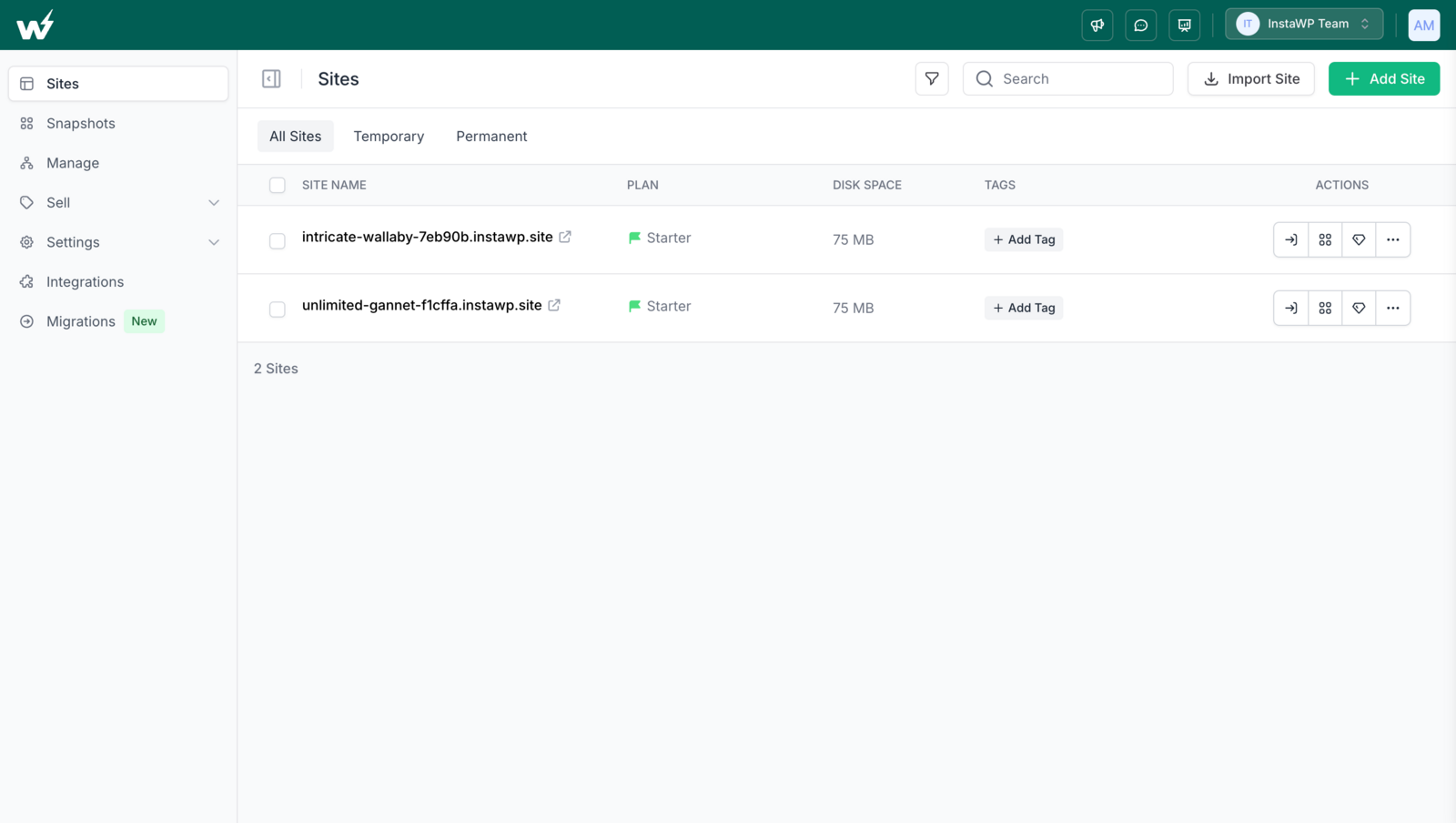 The Sites list in the InstaWP dashboard, showing each site with its plan, disk space and actions
