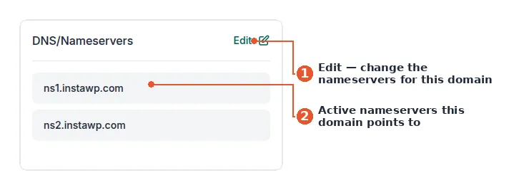 InstaWP domain summary DNS and nameservers card, used to point a domain to a new host after the transfer completes