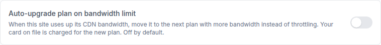The Auto-upgrade plan on bandwidth limit toggle in InstaWP CDN Settings, which moves a site to the next plan instead of throttling when it uses up its CDN bandwidth
