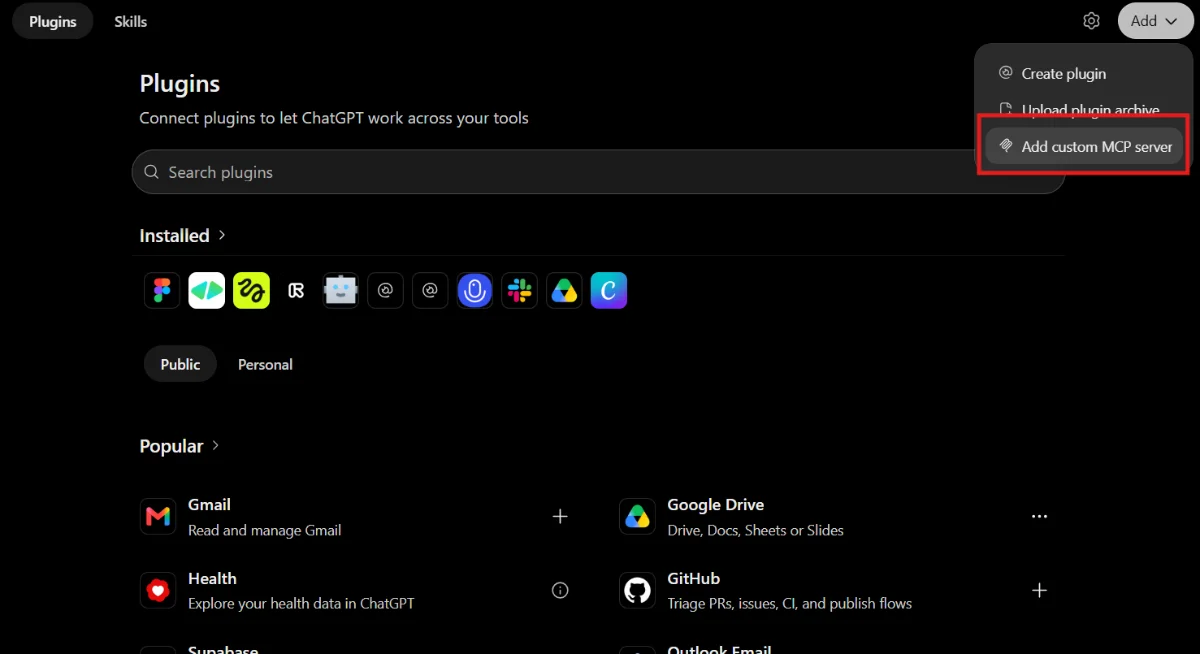 ChatGPT Plugins page with the Add menu open and Add custom MCP server highlighted