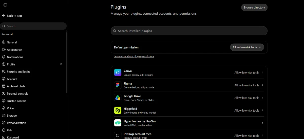 ChatGPT Settings, Plugins page showing the Default permission menu set to Allow low-risk tools and the permission level of each installed plugin