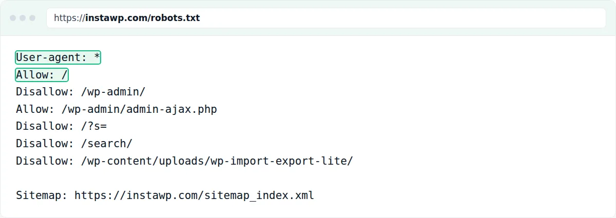 The robots.txt file instawp.com actually serves, viewed in a browser: User-agent: * with Allow: / and no Disallow rule for any AI crawler