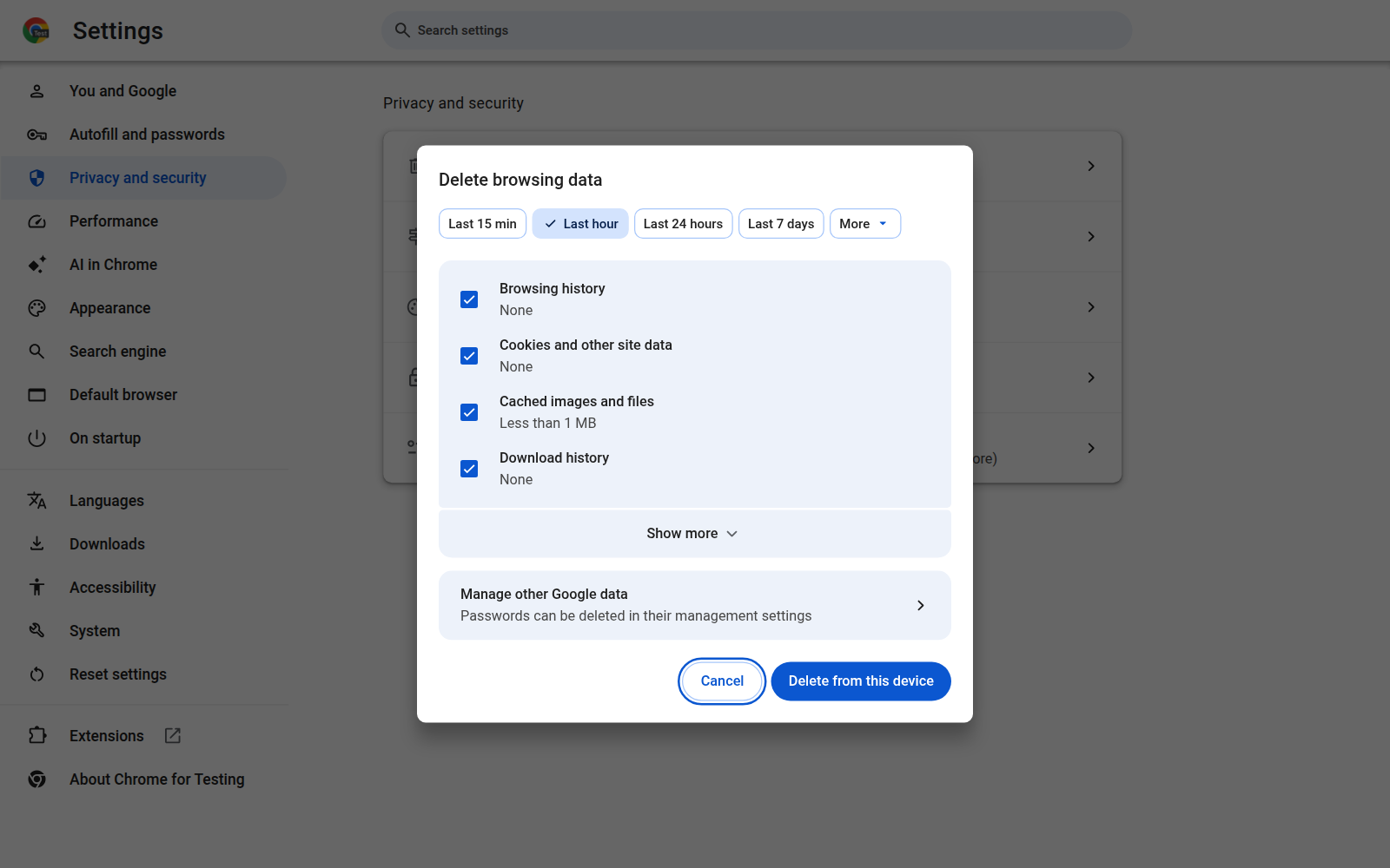 Chrome Delete browsing data dialog with cookies and cached images and files selected