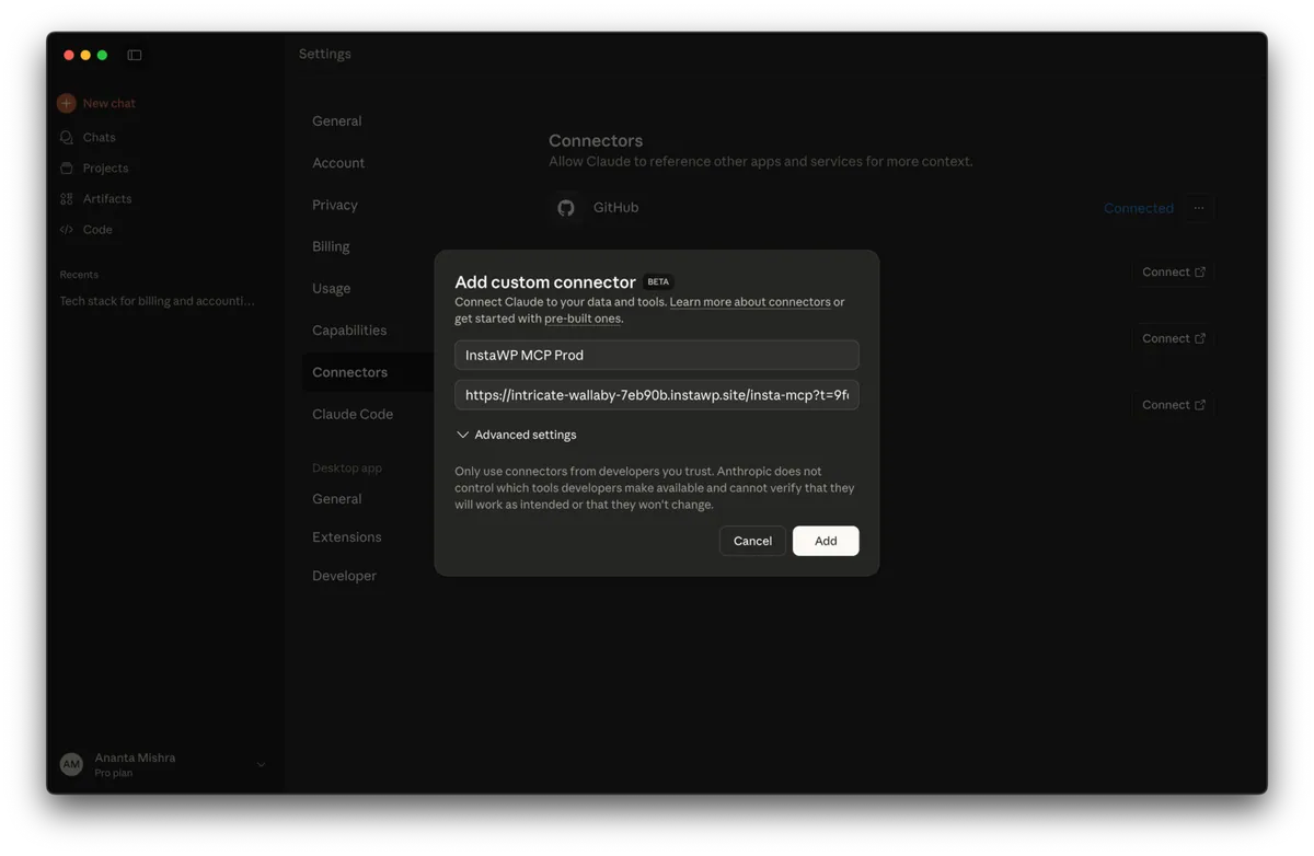 Adding an InstaWP MCP connection URL as a custom connector in Claude