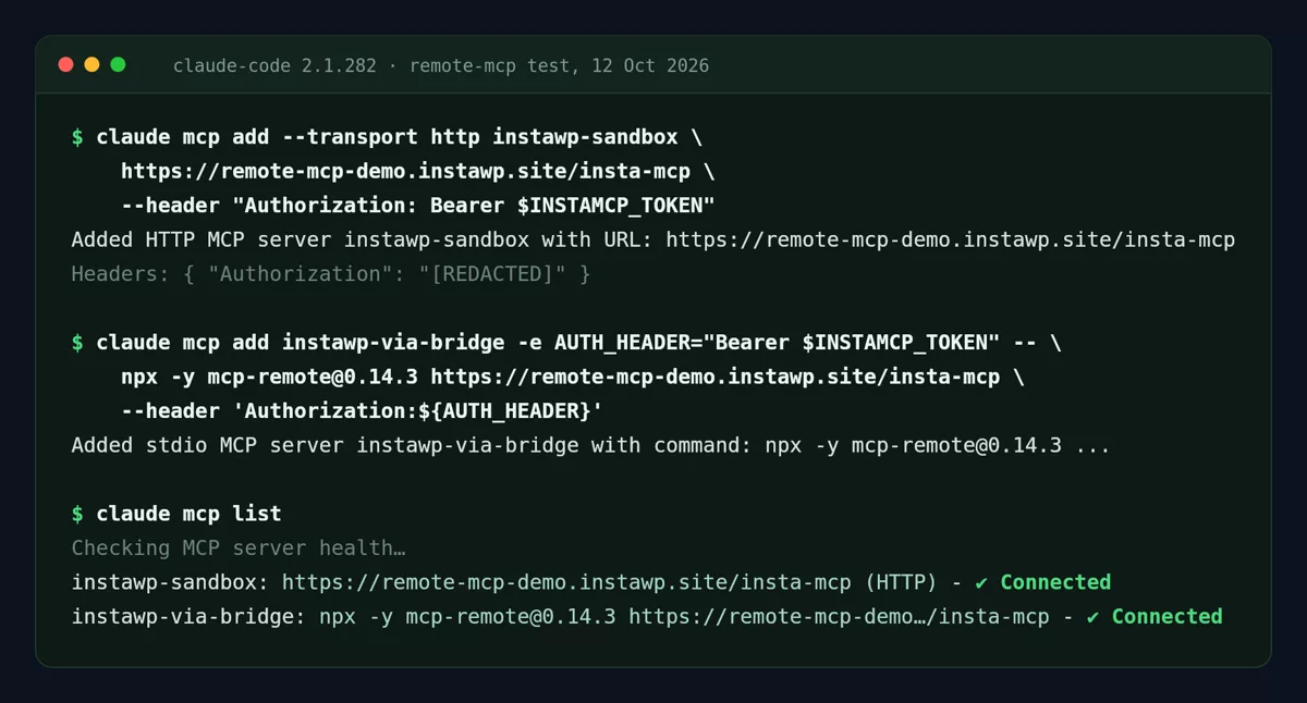 Terminal output from Claude Code 2.1.282 adding the same InstaMCP sandbox twice, once with claude mcp add --transport http and a bearer header, once as a stdio server through npx mcp-remote, followed by claude mcp list showing both servers as Connected.