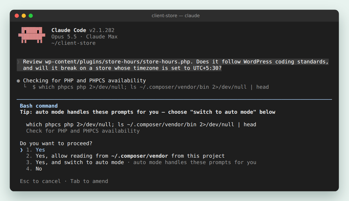 Claude Code 2.1.282 in a terminal, asked to review a WooCommerce store-hours plugin for WordPress coding standards and a UTC+5:30 timezone, stopping to ask permission before it runs a shell command to check for PHP and PHPCS.