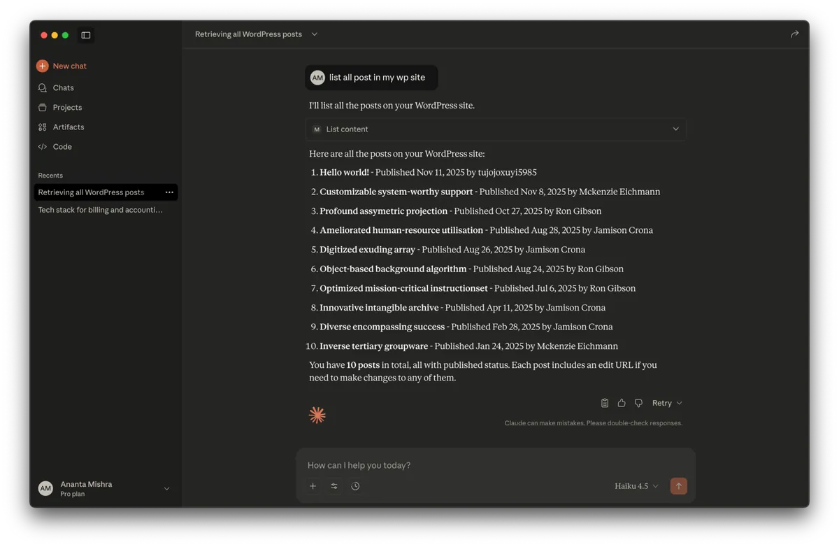 Claude listing all posts on a WordPress site through InstaMCP