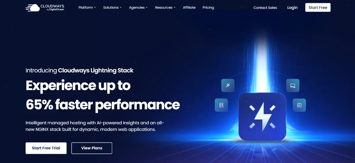 Cloudways homepage introducing the Cloudways Lightning Stack, an NGINX-based managed hosting stack
