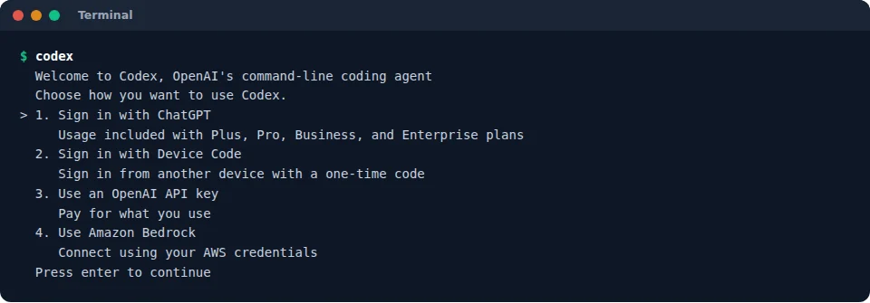 The Codex CLI first-run screen offering Sign in with ChatGPT, Sign in with Device Code, Use an OpenAI API key and Use Amazon Bedrock.