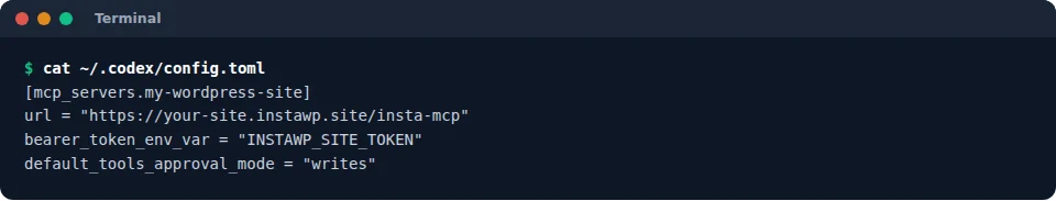 The Codex config.toml entry for the WordPress site with url, bearer_token_env_var and default_tools_approval_mode set to writes, and no token stored in the file.