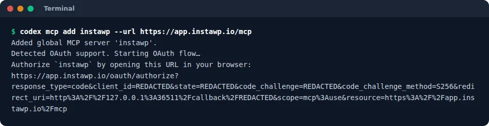 A terminal running codex mcp add instawp with the InstaWP Account MCP URL, and Codex detecting OAuth support and printing the InstaWP authorization link.