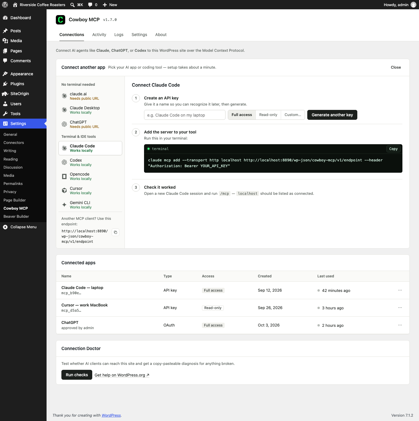 Cowboy MCP WordPress MCP plugin Connections tab with setup commands for Claude Code, Claude Desktop, ChatGPT, Cursor and Codex
