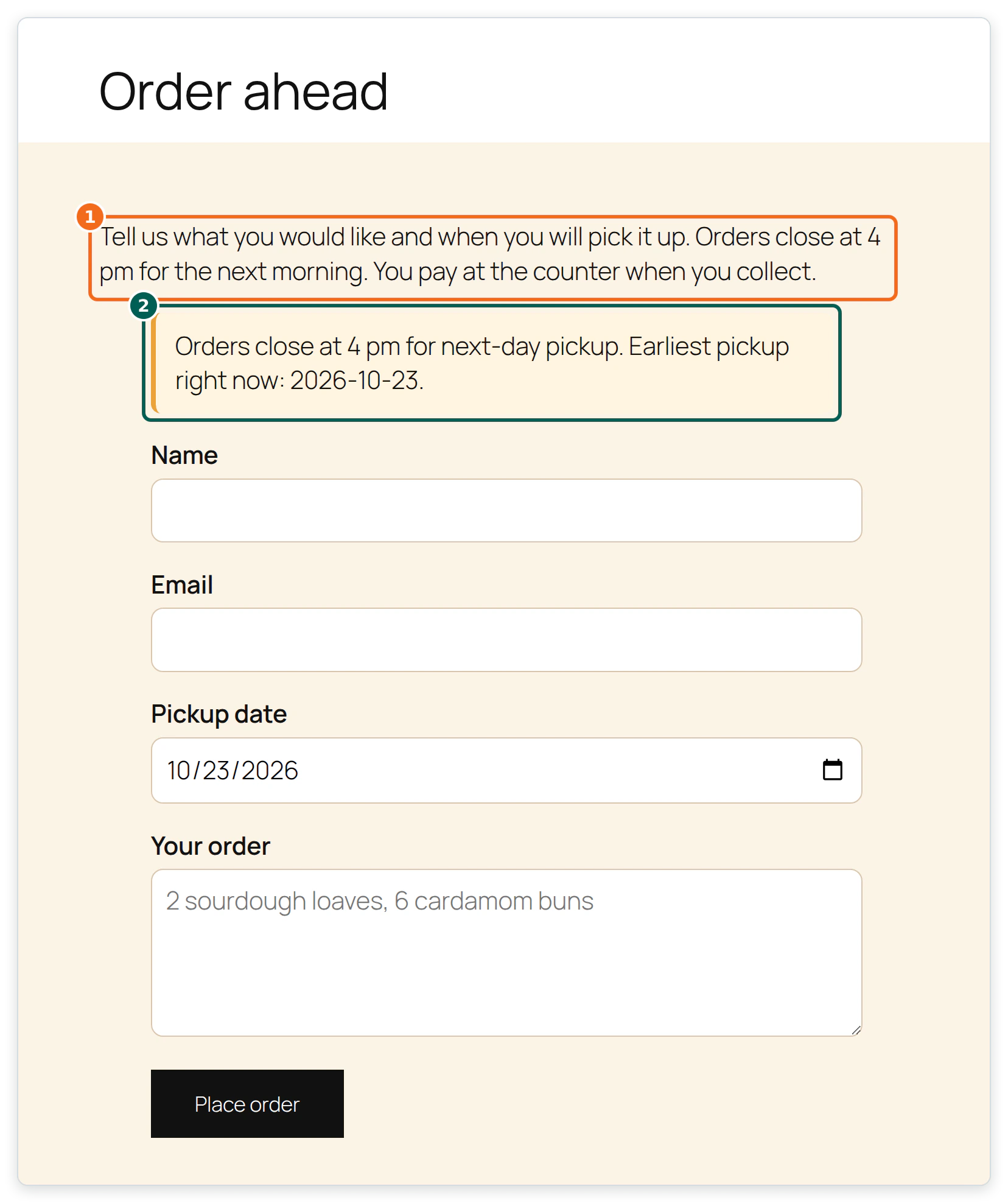 The live Order ahead page of a WordPress bakery site after an MCP edit, where both the page text and the plugin-generated notice now say orders close at 4 pm.