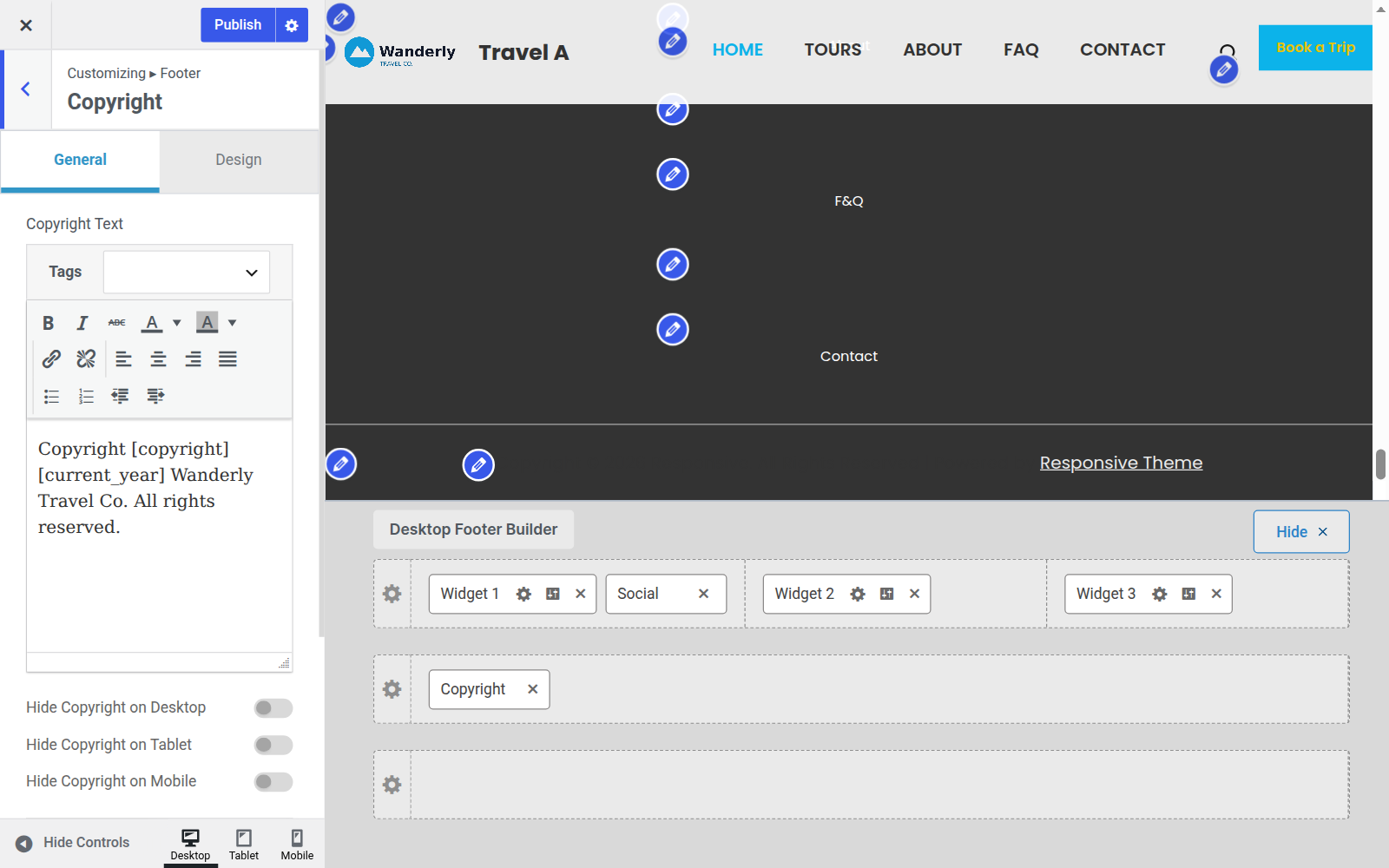 Customizer Footer Copyright panel with the copyright text editor and footer builder