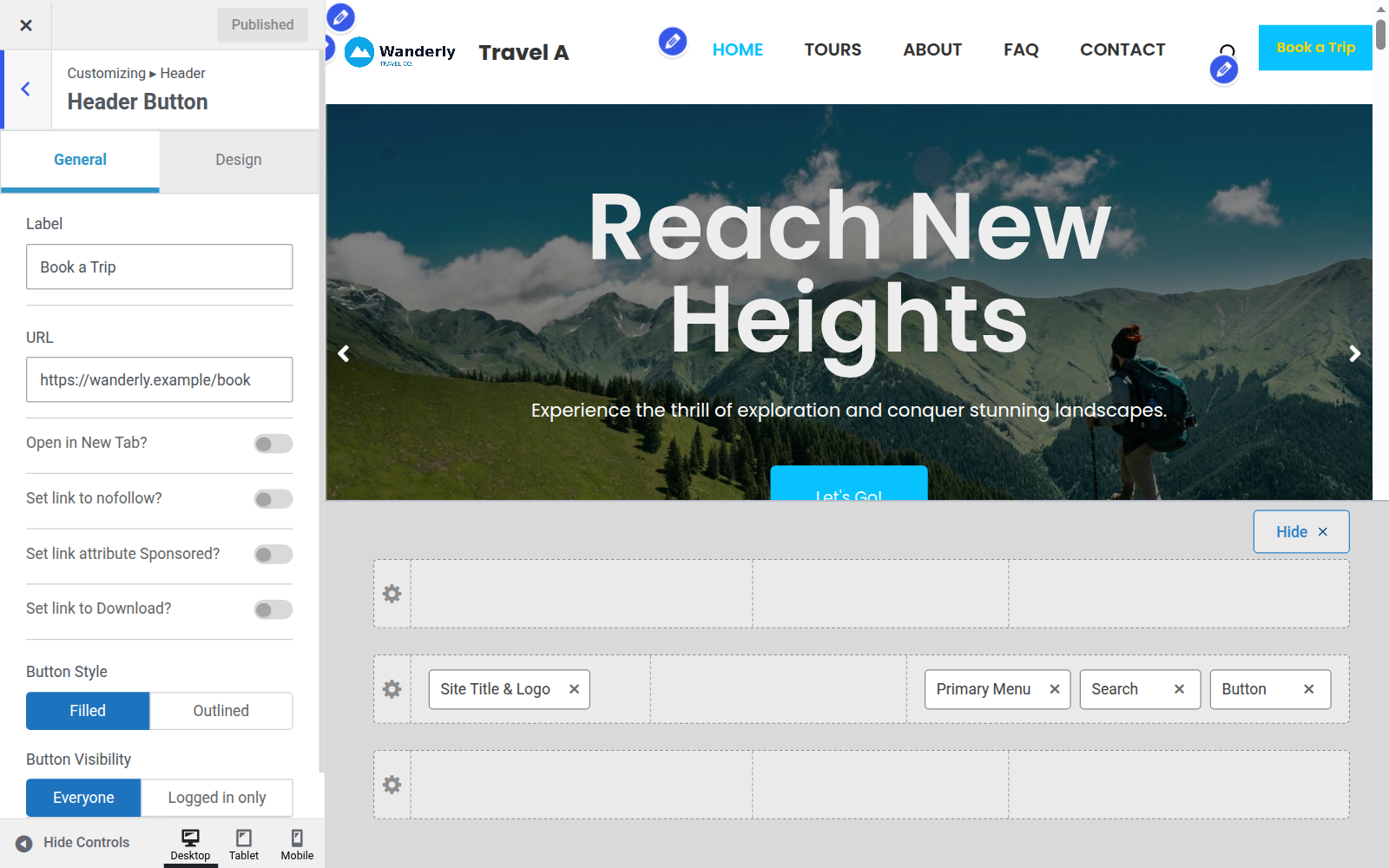 Customizer Header Button settings with a label and link URL filled in