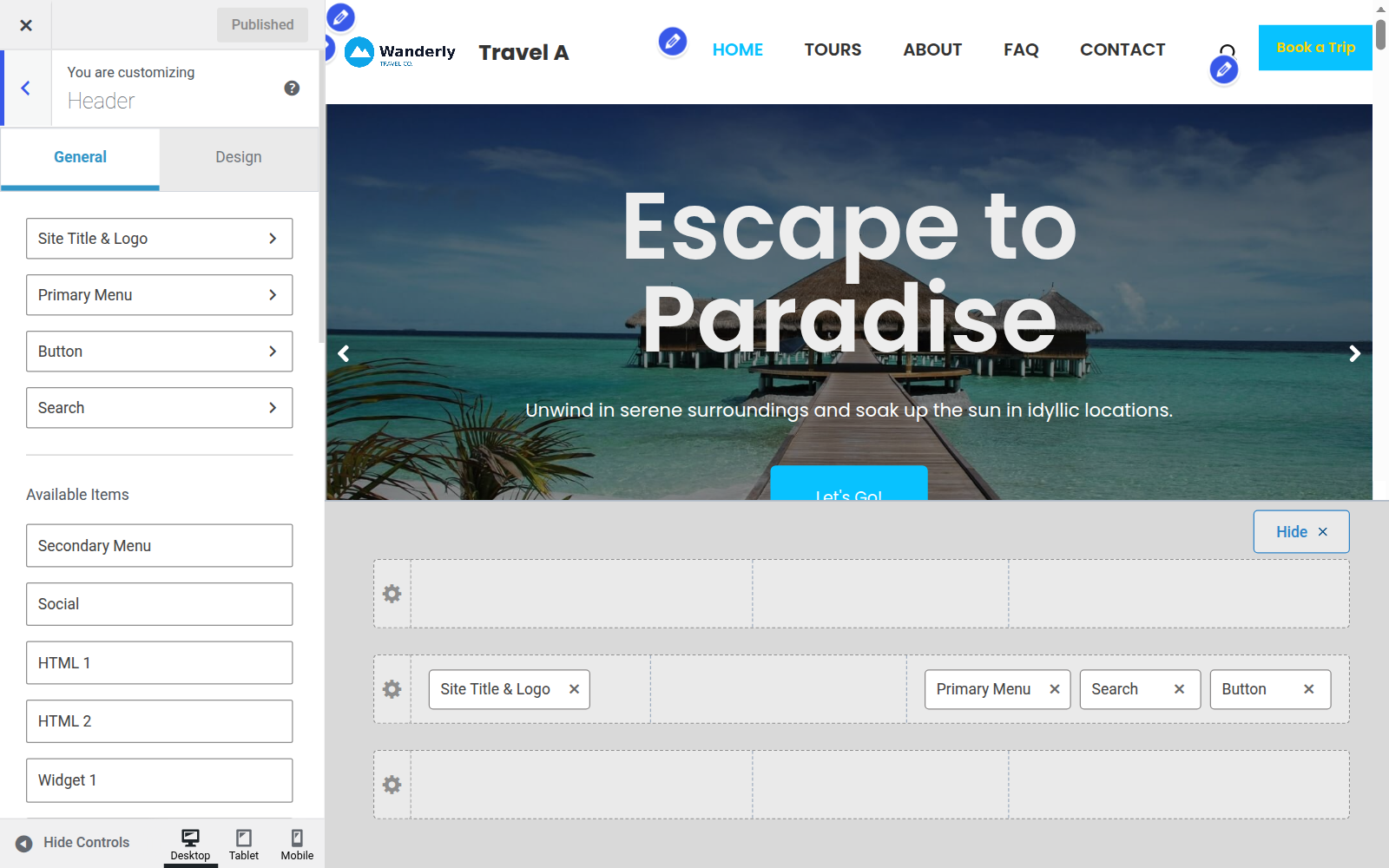 Customizer Header panel with a Button item added to the header builder