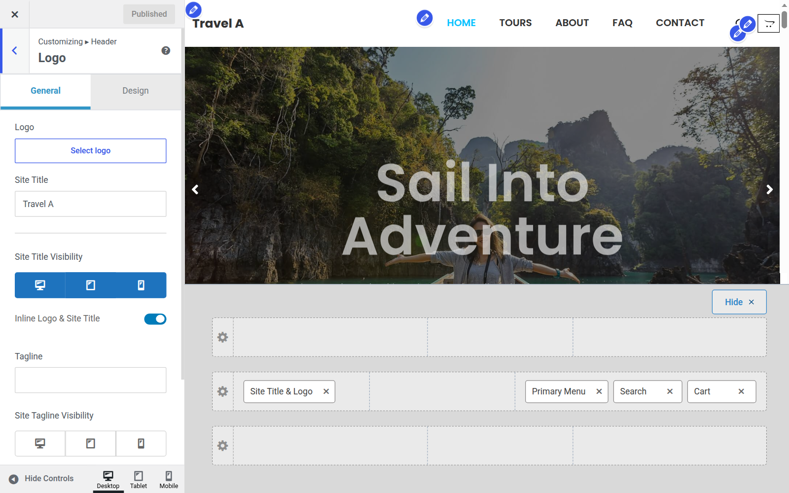 Customizer Logo panel with the Select logo button, site title and tagline fields
