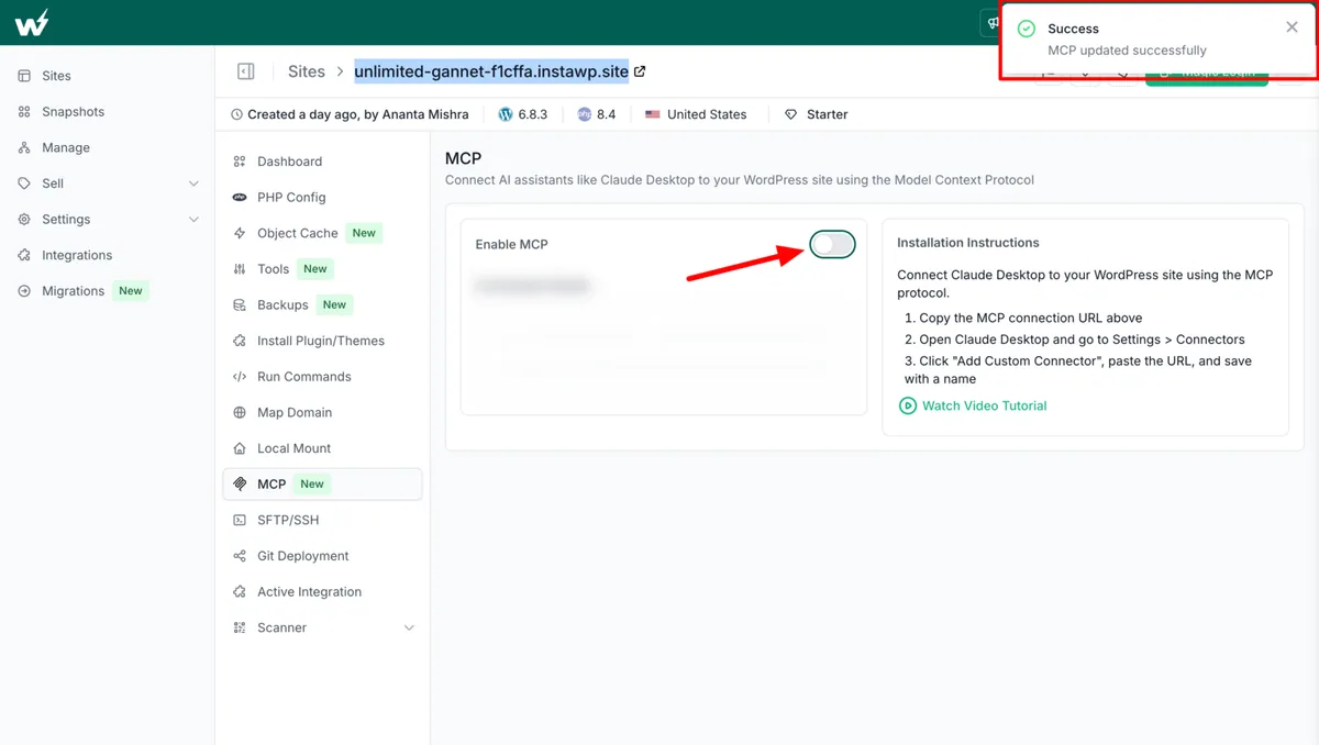 InstaWP site dashboard open on the MCP tab, with the Enable MCP toggle highlighted and the installation instructions panel explaining how to copy the MCP connection URL into an AI client