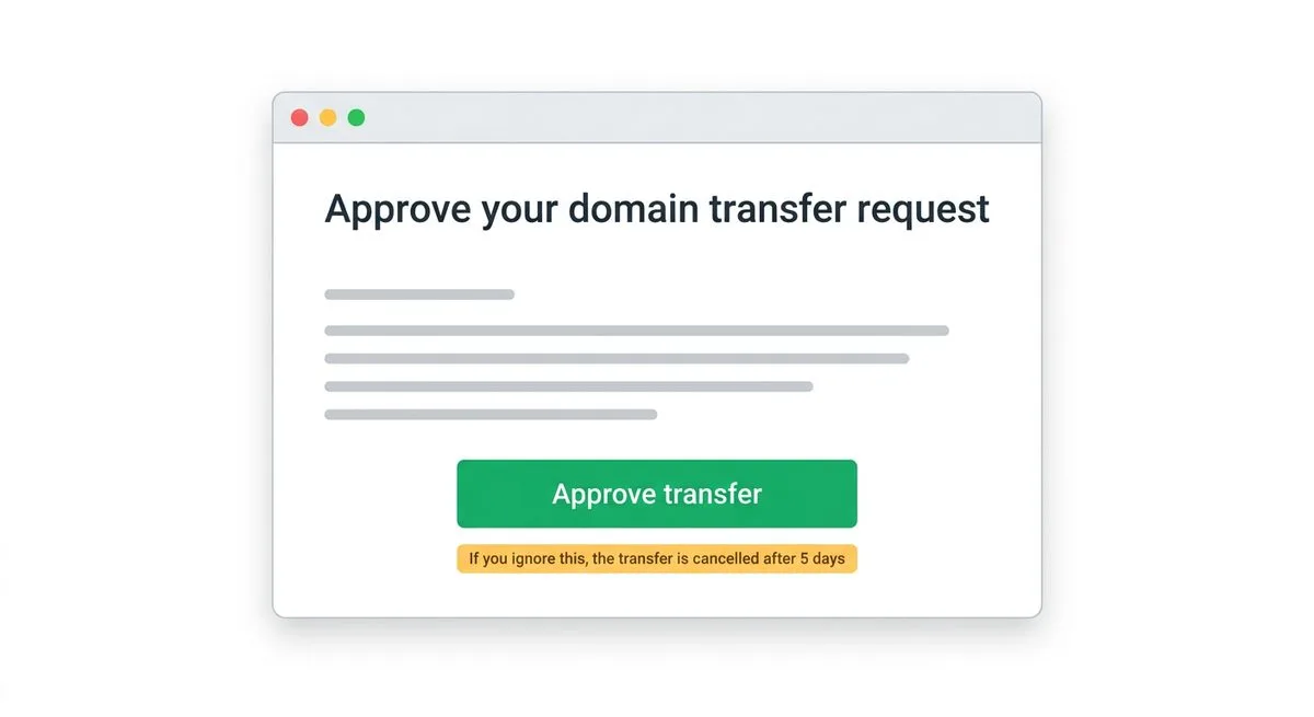 Illustration of the domain transfer authorization email with an approve transfer button and a warning that ignoring it cancels the transfer after five days