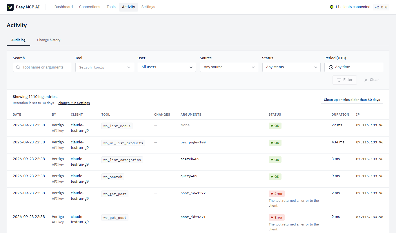Easy MCP AI WordPress MCP plugin audit log listing each AI tool call with the user, client, tool, arguments, result and duration