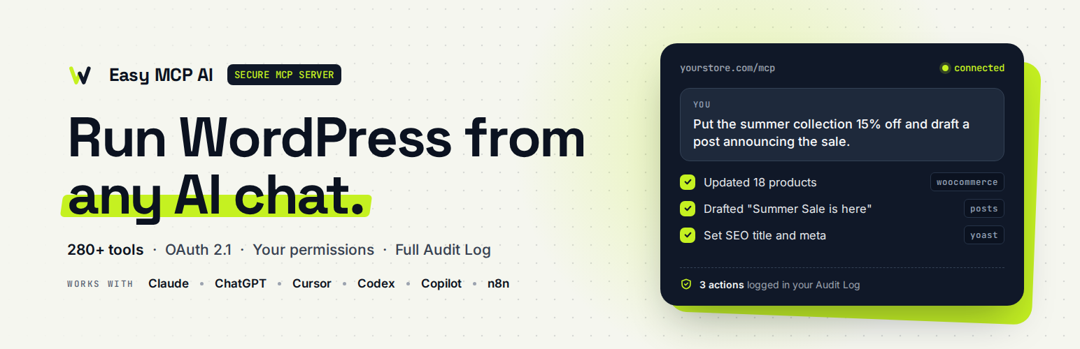 Easy MCP AI plugin banner: run WordPress from any AI chat, with OAuth 2.1, your permissions and a full audit log