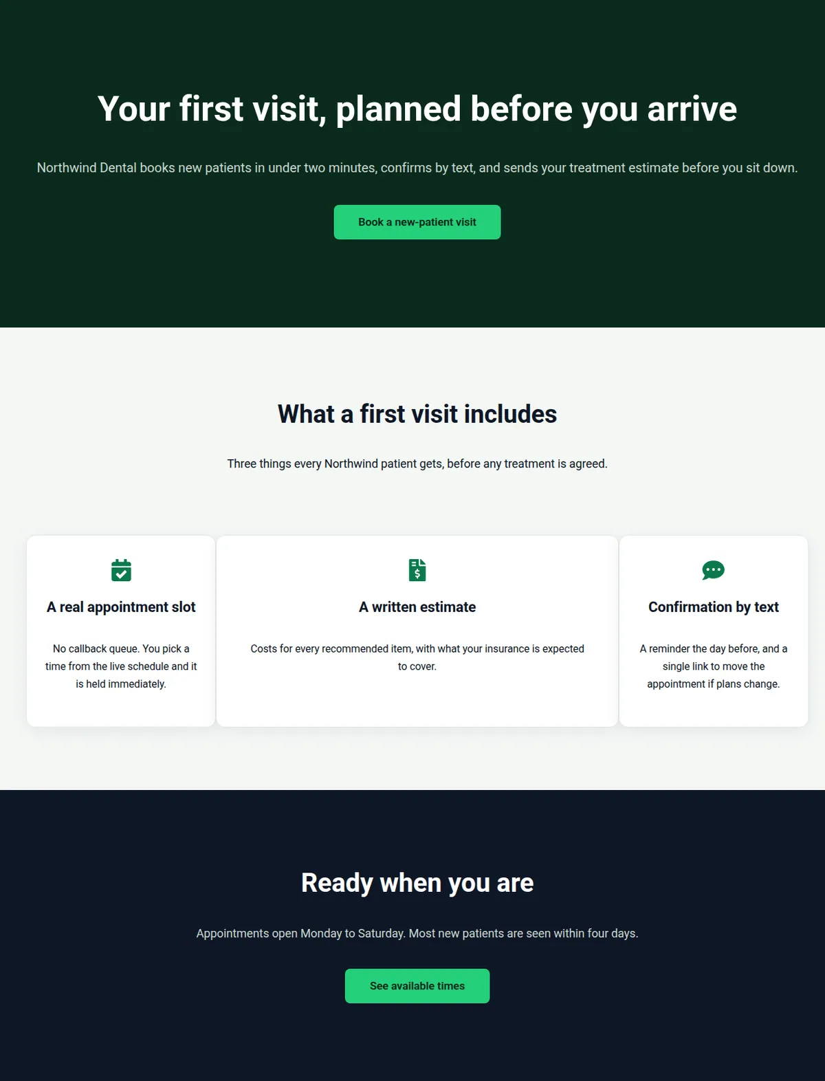 Front end of a four-section Elementor landing page written entirely by an AI agent over MCP: dark hero with headline and CTA, a three-card feature row with icons, and a closing call to action