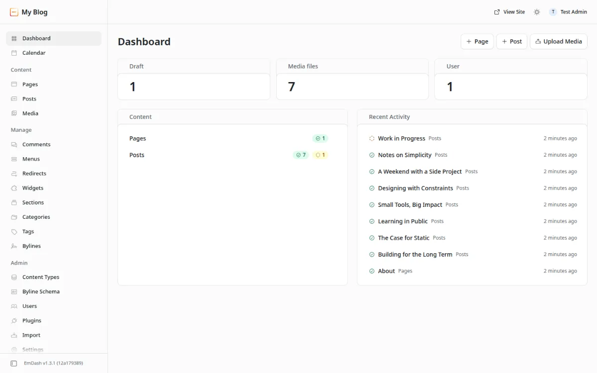 EmDash 1.3.1 admin dashboard with posts, pages, media and the sidebar menu