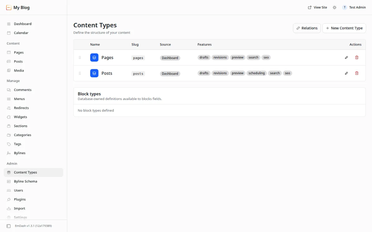 EmDash Content Types screen listing the Pages and Posts collections and their features
