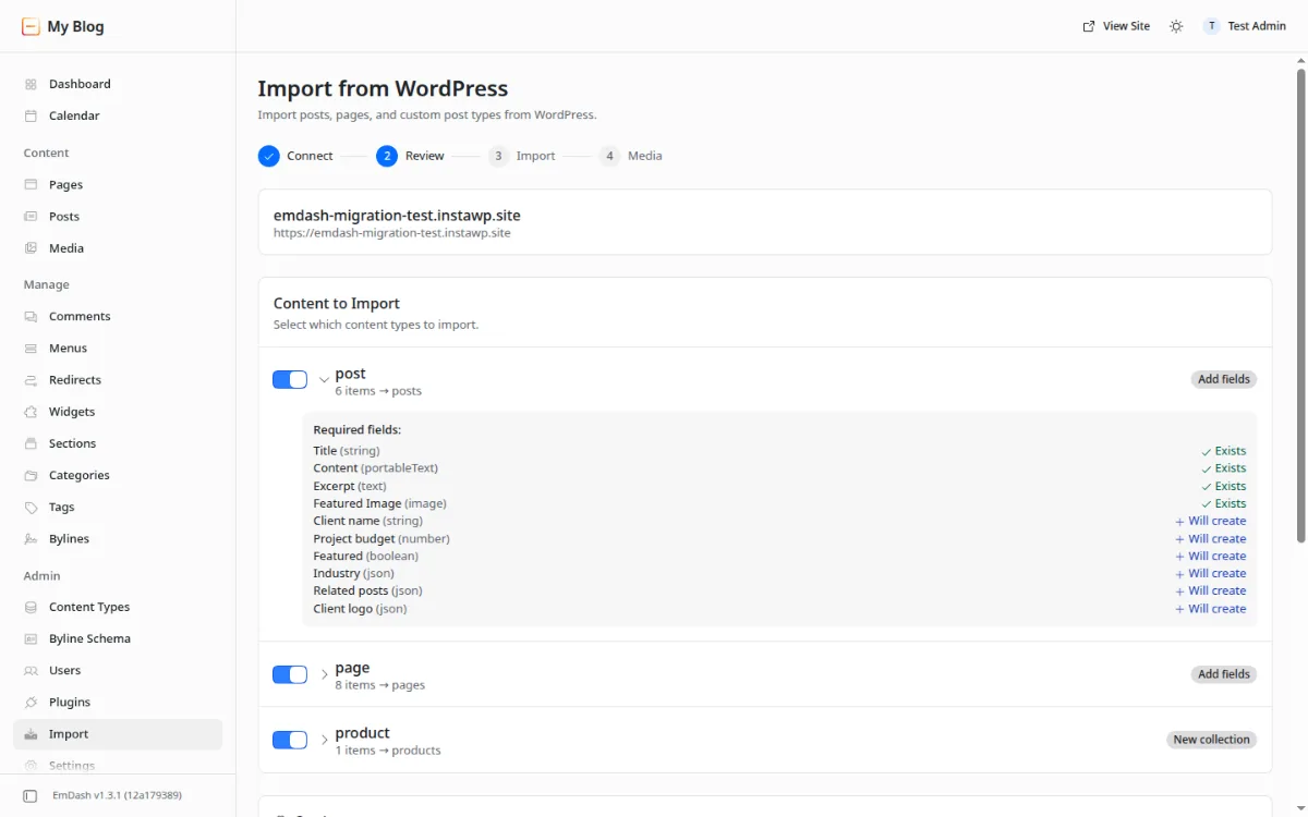EmDash importer review step mapping ACF fields such as client name, budget and industry to new EmDash fields