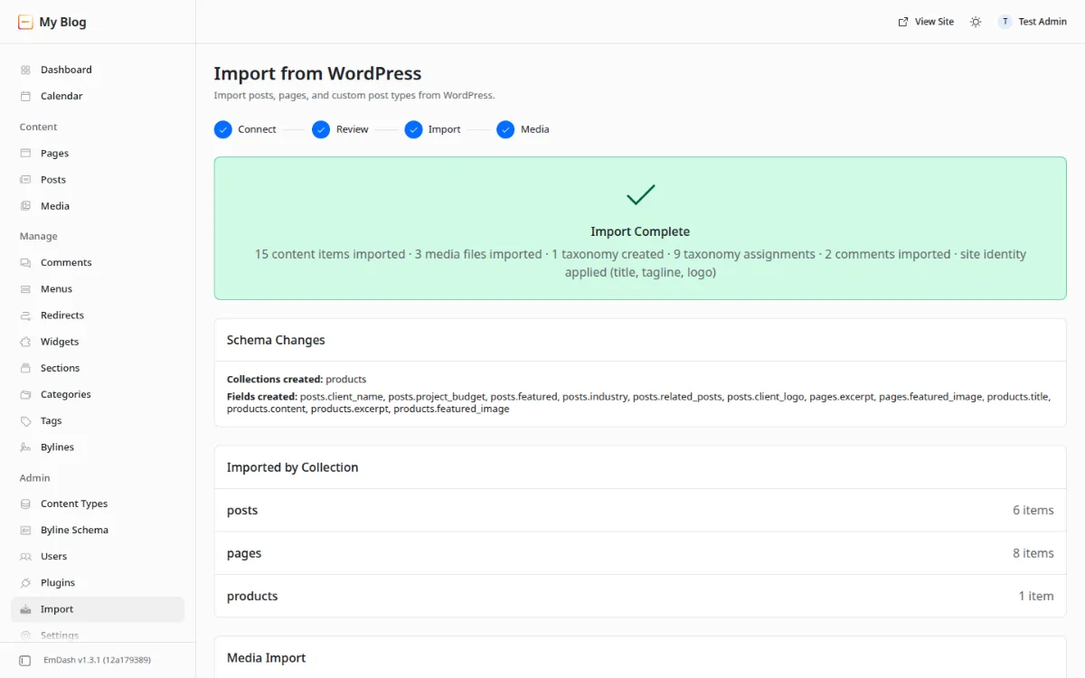 EmDash import complete through the EmDash Exporter plugin with comments, taxonomies and site identity imported
