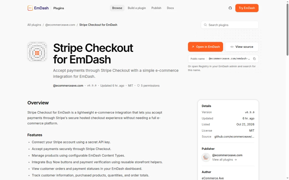 Stripe Checkout for EmDash listing in the EmDash plugin registry showing version, MIT license and 5 permissions