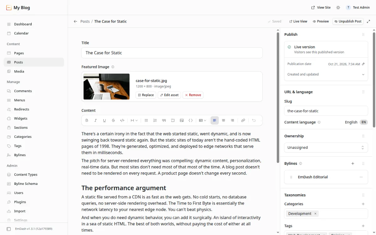 EmDash post editor with title, featured image, rich text toolbar and publish panel
