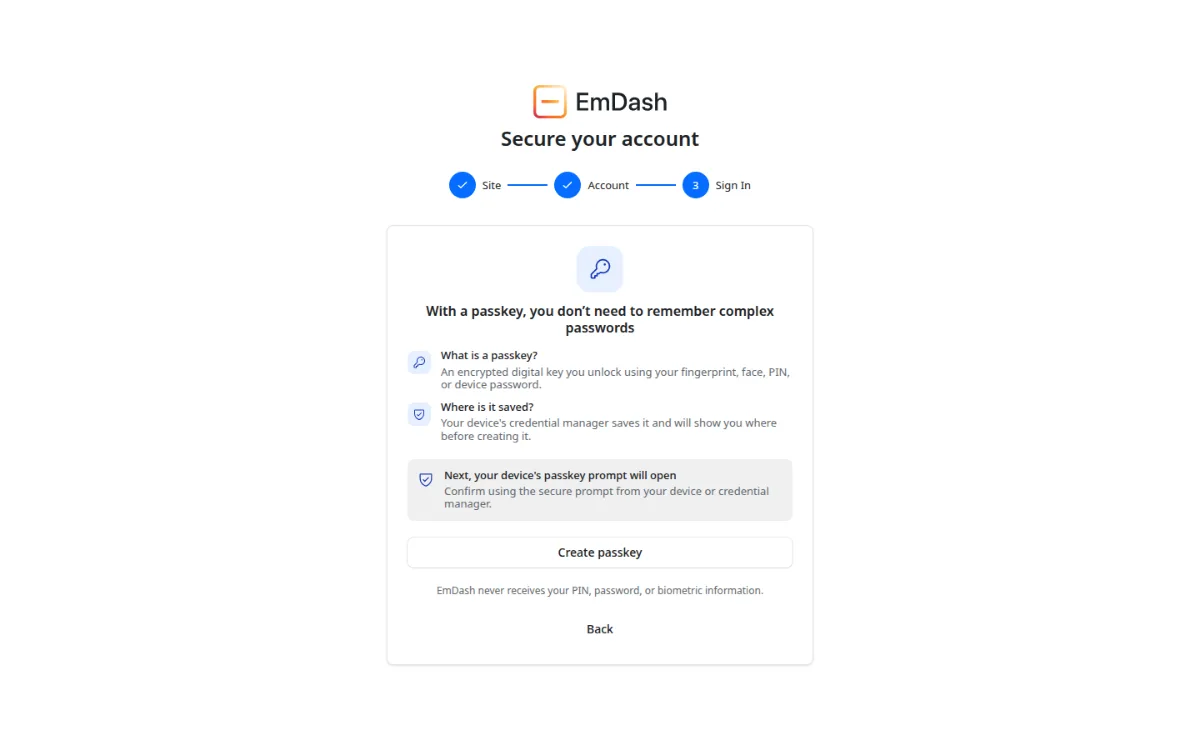 EmDash setup wizard asking the admin to create a passkey instead of a password