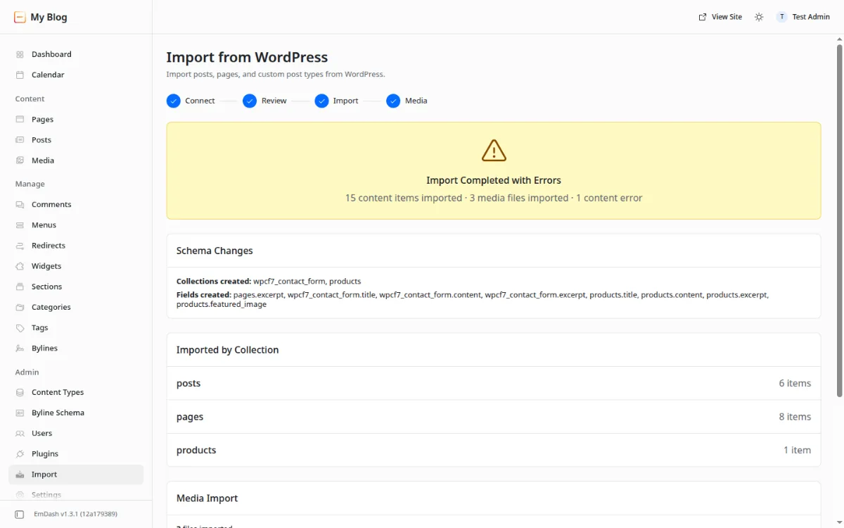 EmDash WordPress importer result after a WXR upload: 15 items imported with 1 content error