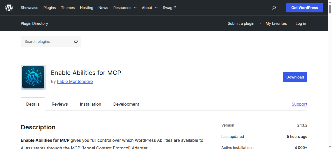 Enable Abilities for MCP listing on WordPress.org, showing version 2.13.2 and 4,000+ active installations