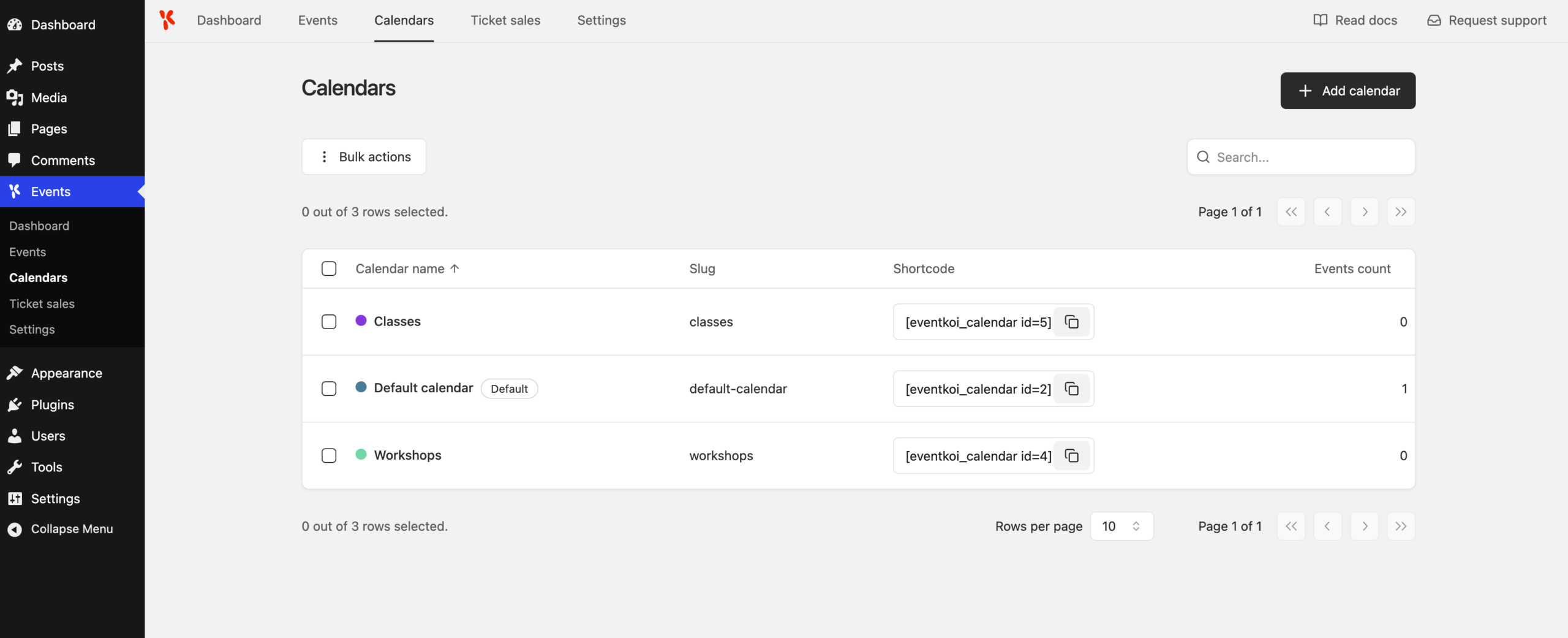 EventKoi Calendars screen in WordPress admin listing three calendars, Classes, Default calendar and Workshops, each with its own eventkoi_calendar shortcode