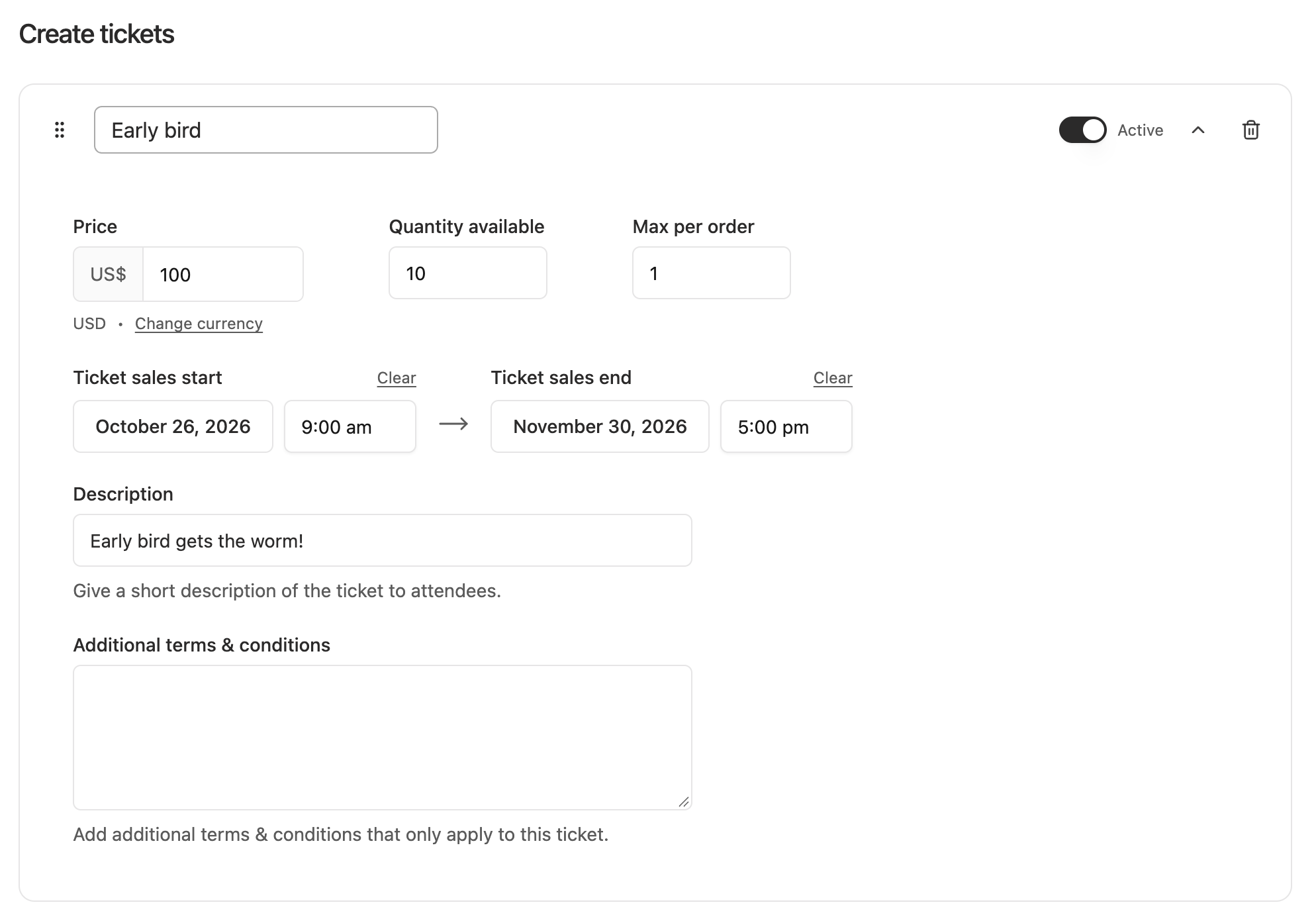EventKoi Create tickets panel for an Early bird ticket priced at 100 US dollars, 10 available, a maximum of 1 per order, and sales open from 26 October to 30 November 2026