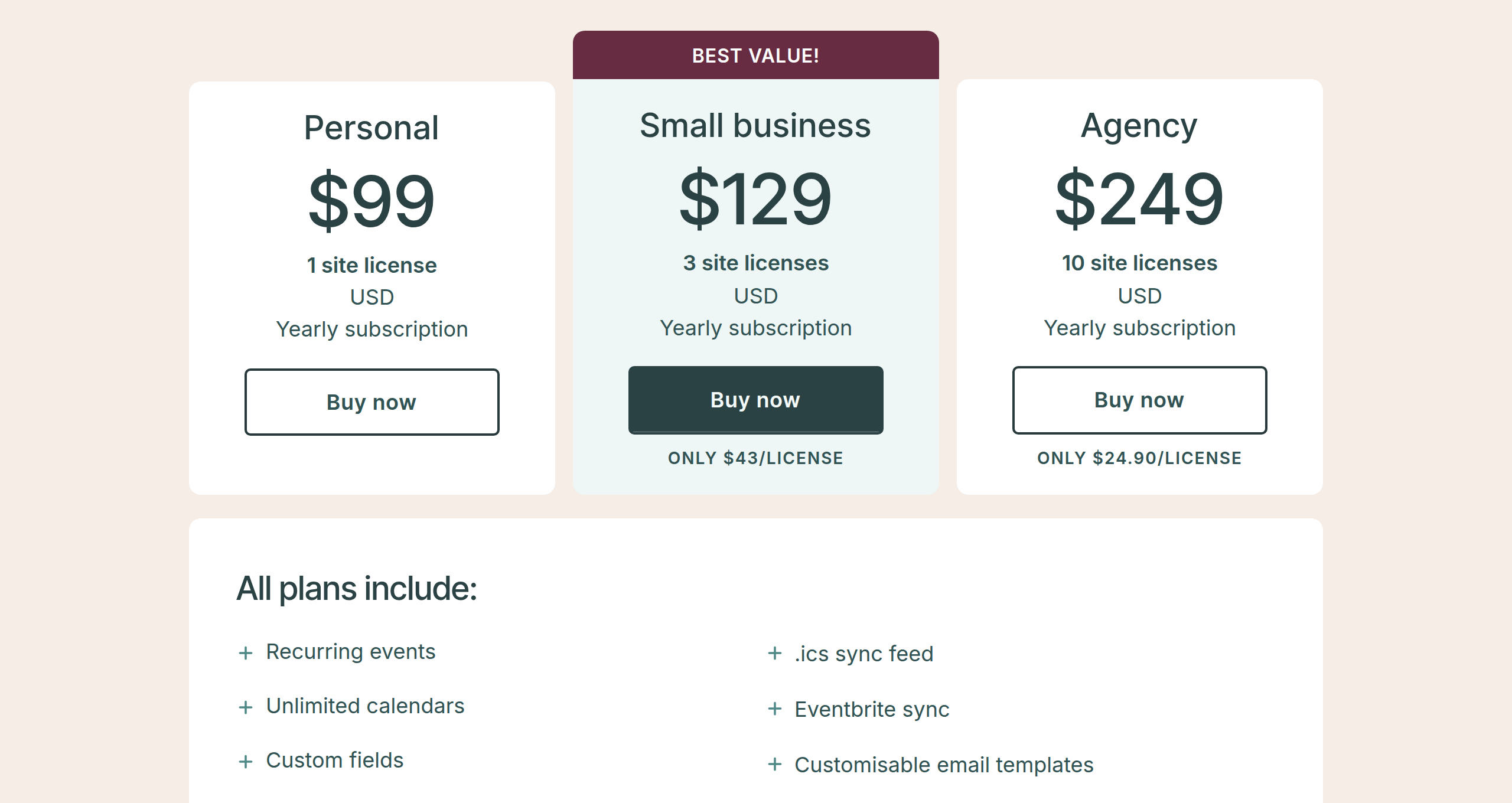 EventKoi Pro pricing page showing three yearly plans: Personal at 99 US dollars for 1 site, Small business at 129 dollars for 3 sites and Agency at 249 dollars for 10 sites