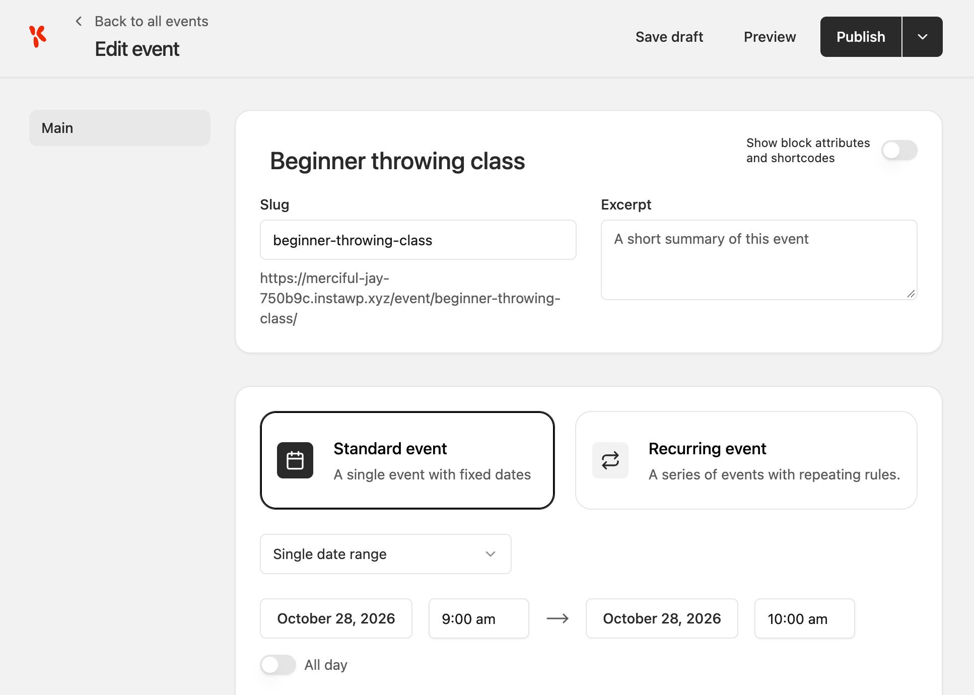 EventKoi Edit event screen with Standard event selected and a single date range of 28 October 2026, 9am to 10am