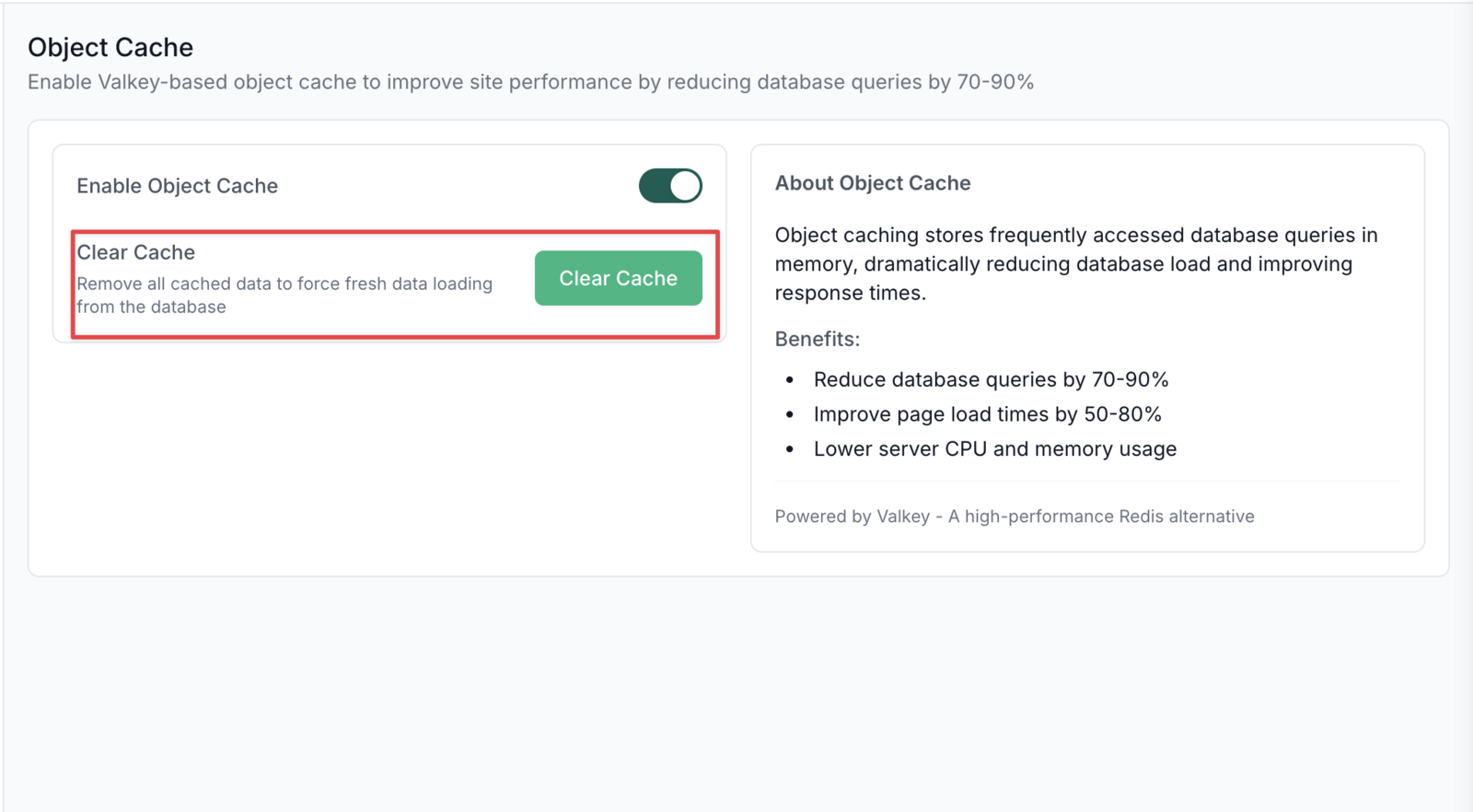 The Object Cache panel of an InstaWP site, with the Enable Object Cache toggle switched on, a Clear Cache button, and a note that it is powered by Valkey
