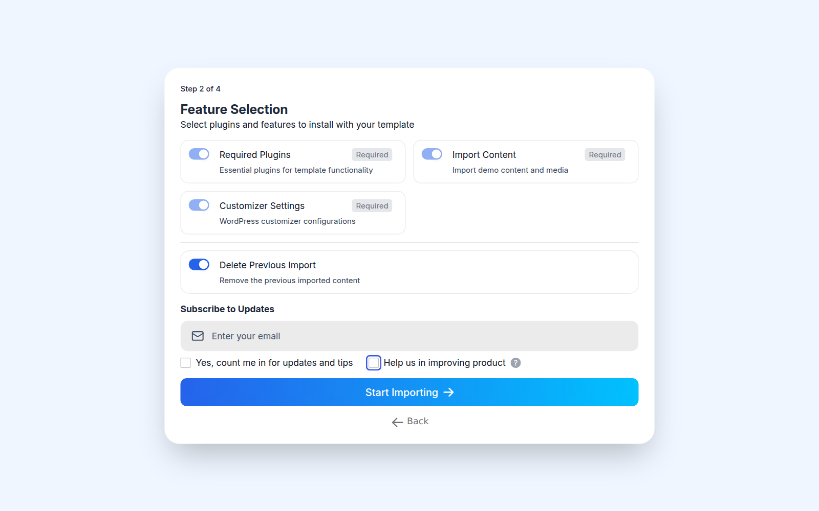 Feature Selection step of the template importer with the Start Importing button