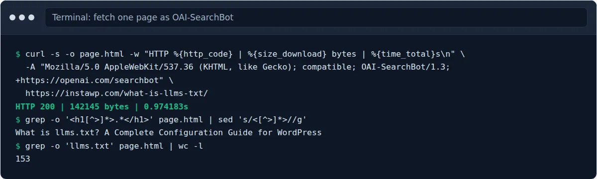 A terminal fetching an instawp.com article with the OAI-SearchBot user agent: HTTP 200, 142,145 bytes, the H1 and the article text in the response