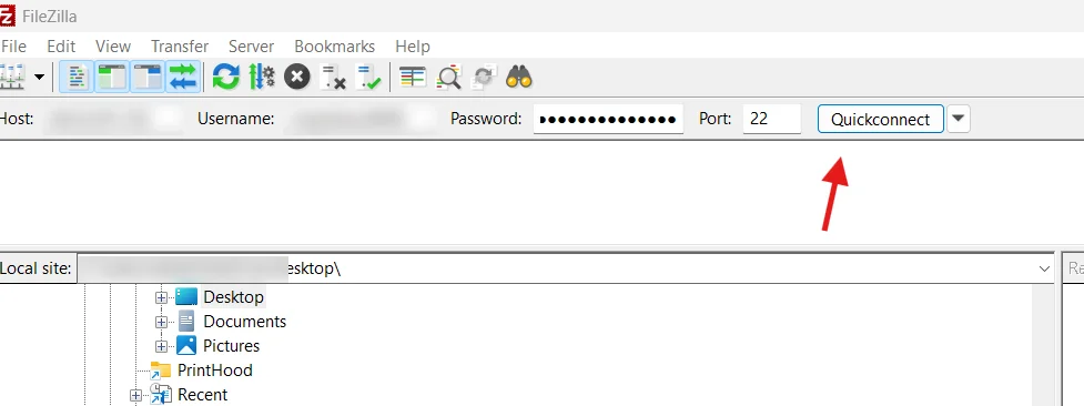 FileZilla Quickconnect bar with host, username, password and port 22 for an SFTP connection, connection details blurred