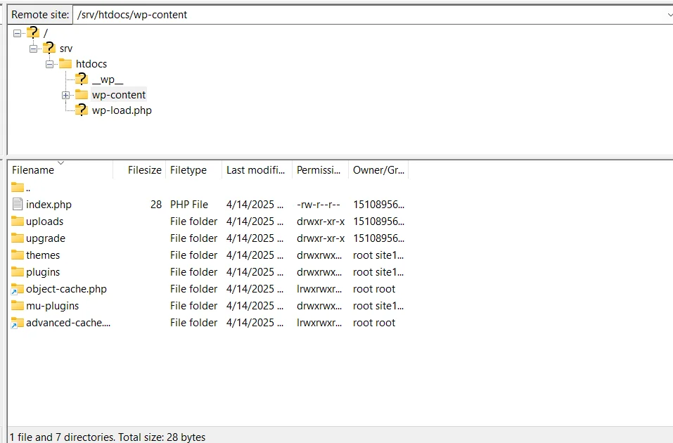 FileZilla connected to a WordPress server with the wp-content folder open, listing the themes, plugins and uploads folders